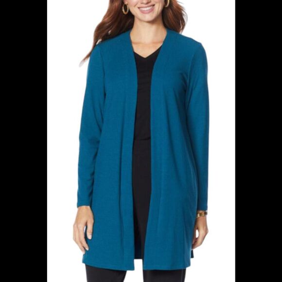 IMAN Global Chic Tops - IMAN Comfy Chic Ribbed Hacci Knit Duster Cardigan Dark Teal - Regular
